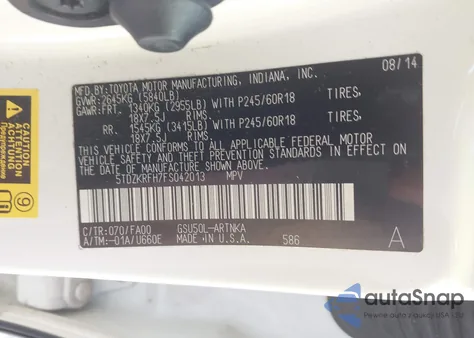 2015 Toyota Highlander Le Plus V6 z USA, uszkodzony, nr VIN 5TDZKRFH7FS042013